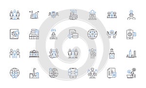 Intercontinental business line icons collection. Globalization, Multinational, Export, Import, Trade, Supply chain