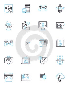 Intercontinental science linear icons set. Quantum, Experiment, Astronomy, Astrobiology, Geology, Metallurgy