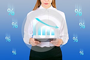 Interest rate fall concept. Profit decline. Loss of investment.