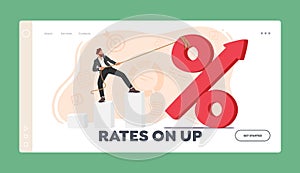 Interest Rate On Up Landing Page Template. Business Man Character Stands Atop A Column Chart And Pulls Up Percent Sign