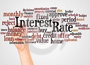 Interest Rate word cloud and hand with marker concept