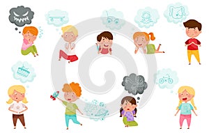 Interested Kids Imagining Pleasant and Spooky Things Vector Set
