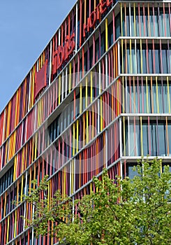 Interesting abstract colorful vertical decoration line on a building