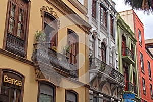 Interesting colorful holiday houses in the streets of the Spanish city of Sanca Cruz in Tenerife