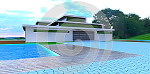 Interesting design of the house territory in front of the garage entrance. Decked area around the swimming pool. 3d rendering