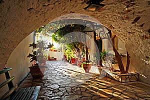 Interesting detail of a courtyard inside the monastery of the virgin Mary in Paleokastritsa