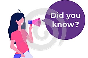 Interesting fact concept. Woman holding megaphone.