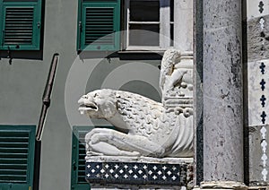 Interesting hybrid sculpture on the left side of the facade of the Genoa Cathedral