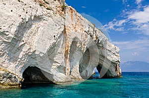 Interesting landmark, unique rock formations, sea caves and blue water in Zakynthos, Greece.