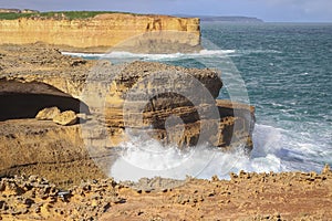 Interesting seascape, Great Ocean Road seacoast landscape in Australia, rocks and waves, tourist spot