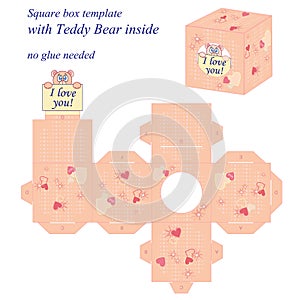 Interesting square box template with cute Teddy Bear inside, holding note I love you