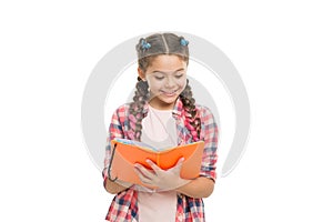 Interesting story. Achieve knowledge. Education concept. Cute small child holding book. Adorable little girl with school