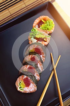 interesting sushi rolls served in an appetizing way
