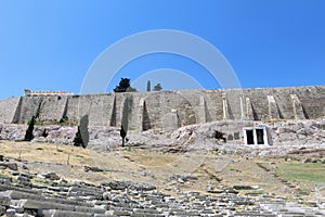 An interesting view looking up to the Acropolis from the Theatre of Dionysus Eleuthereus Athens considered to be the first theatre