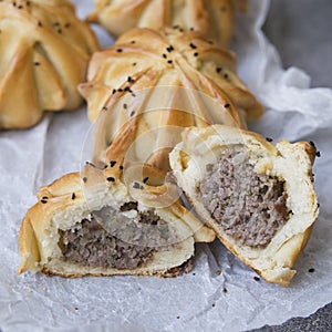 Interestingly shaped fresh meat mini pie on gray table with white paper. Meat pies samosas with ground beef and spices