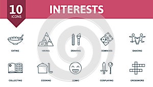 Interests icon set. Contains editable icons activity and hobbies theme such as eating, drawing, dancing and more.