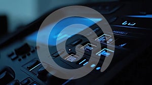 Interface Control Panel with Glowing Buttons and Dials, Concept of Technology