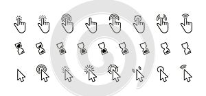 Interface cursor icon. Computer mouse click arrow or finger pointer loading sign, simple internet connection web buttons