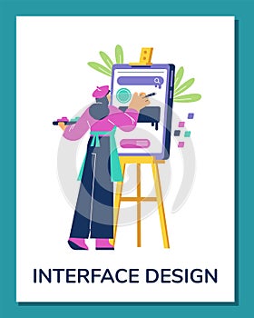 Interface designer creating layouts for mobile app, flat vector isolated.