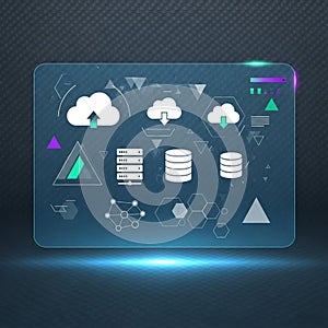 Interface featuring cloud computing icons data storage symbols