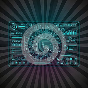 Interface featuring a glowing blue circuit board pattern resembling