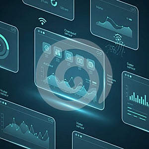 Interface featuring multiple transparent screens displaying graphs