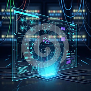 Interface with glowing holographic elements displaying various