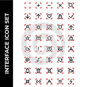 Interface icon set include square,plus,minus,cross,search,download,upload,hearth,lock,check,user,setting,block,secure,airplane,