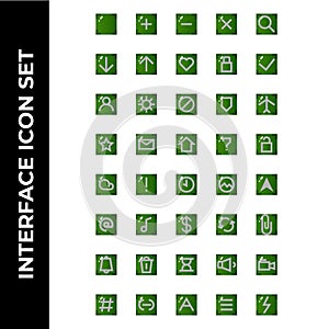 Interface icon set include square,plus,minus,cross,search,download,upload,hearth,lock,check,user,setting,block,secure,airplane,