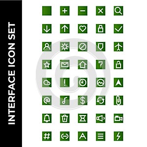 Interface icon set include square,plus,minus,cross,search,download,upload,hearth,lock,check,user,setting,block,secure,airplane,