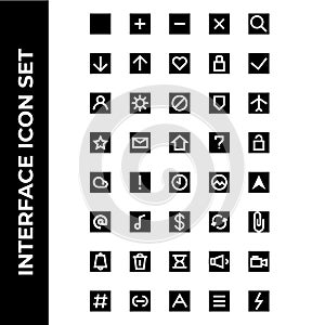 Interface icon set include square,plus,minus,cross,search,download,upload,hearth,lock,check,user,setting,block,secure,airplane,