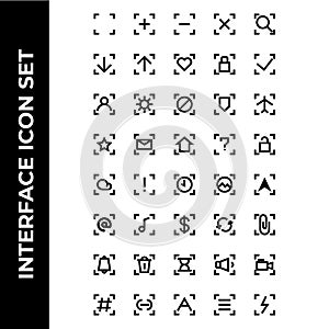 Interface icon set include square,plus,minus,cross,search,download,upload,hearth,lock,check,user,setting,block,secure,airplane,
