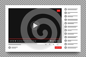 Interface of live streaming multimedia player of social media. Template of website page with broadcasting or live stream.