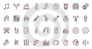 Music trendy red black thin line icons set, acoustic instruments, notes and musical digital symbols.