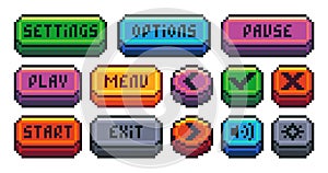 Interface menu pixel buttons. Retro video game UI navigation panel, 8 bit sprite game app icons play pause menu settings