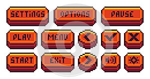 Interface menu pixel buttons. Video game UI navigation panel, retro 8 bit sprite game app navigation icons play pause menu