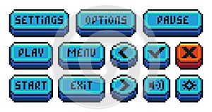 Interface menu pixel buttons. Video game UI navigation panel, retro 8 bit sprite game app icons play pause menu settings options