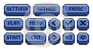 Interface menu pixel buttons. Video game UI navigation panel, retro 8 bit sprite game app icons play pause menu settings options
