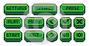 Interface menu pixel buttons. Video game UI navigation panel, retro 8 bit sprite game app navigation icons play pause menu