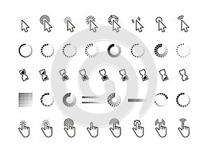 Interface progress cursor. Pointer mouse click arrow, connection loading and pointing hand web symbols, computer