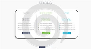 Price list, hosting plans and web boxes banners design. three tariffs.