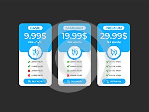 Interface for the site. UI UX vector banner for web app. Pricing Table Template with Three Plan Type. Pricing table, banner