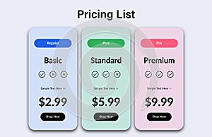 Interface for the site. UI UX vector banner for web app. Pricing Table Template with Three Plan Type. Pricing table, banner,