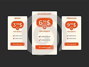 Interface for the site. UI UX vector banner for web app. Pricing Table Template with Three Plan Type. Pricing table, banner