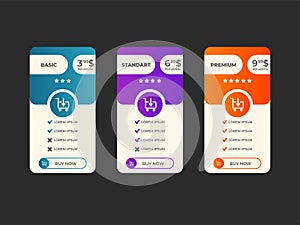 Interface for the site. UI UX vector banner for web app. Pricing Table Template with Three Plan Type. Pricing table, banner