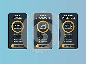 Interface for the site. UI UX vector banner for web app. Pricing Table Template with Three Plan Type. Pricing table, banner