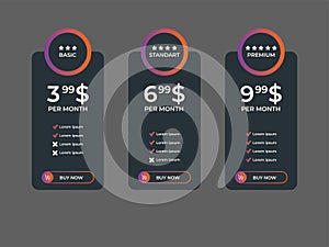 Interface for the site. UI UX vector banner for web app. Pricing Table Template with Three Plan Type. Pricing table, banner