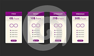 Interface for the site. UI UX vector banner for web app. Pricing Table Template with Three Plan Type. Pricing table, banner