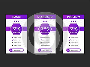 Interface for the site. UI UX vector banner for web app. Pricing Table Template with Three Plan Type. Pricing table, banner