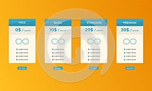 Interface for the site. UI UX vector banner for web app. Pricing Table Template with Three Plan Type. Pricing table, banner